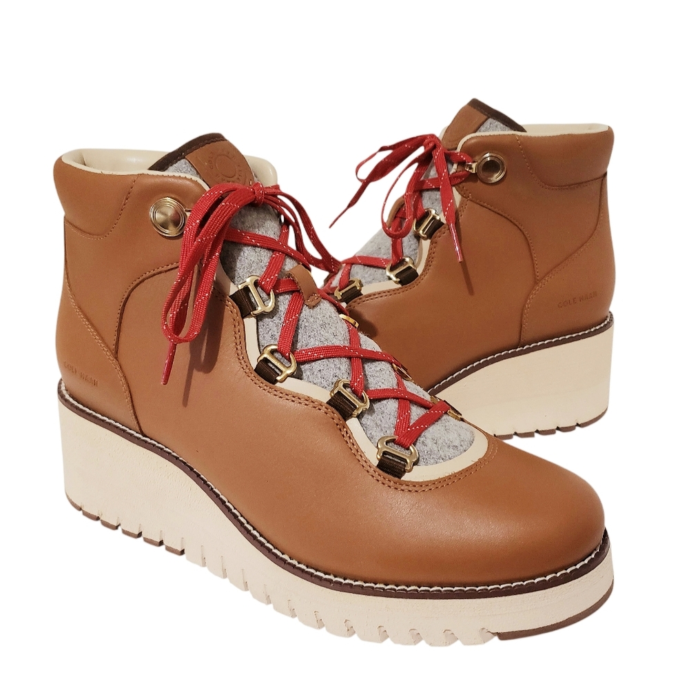 Cole Haan Womens Zerogrand City Lace-Up Wedge Waterproof Booties Caramel 9.5B